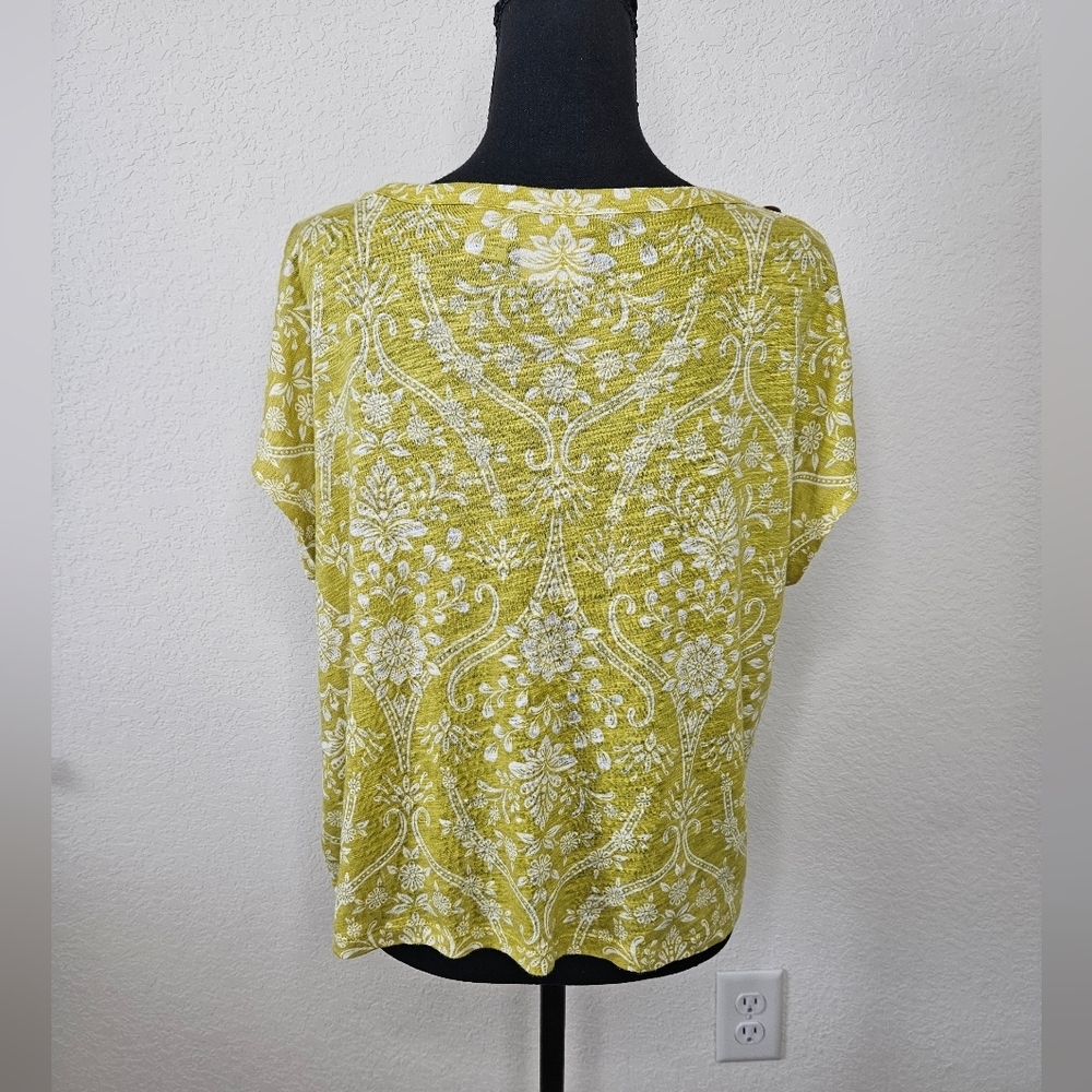 Joie Linen Blend Boho Print Yellow Green Button Detail Scoopneck Paisley Top - Picture 6 of 8